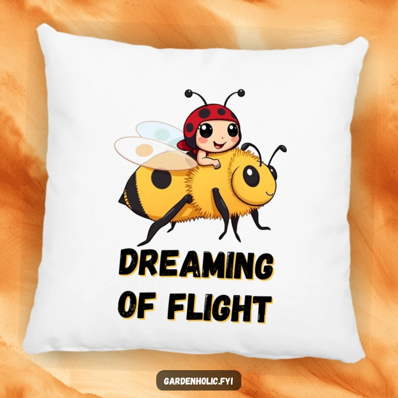 Funny cheerful ladybug character riding a large bumblebee on a plush pillow, a cozy and funny gift.