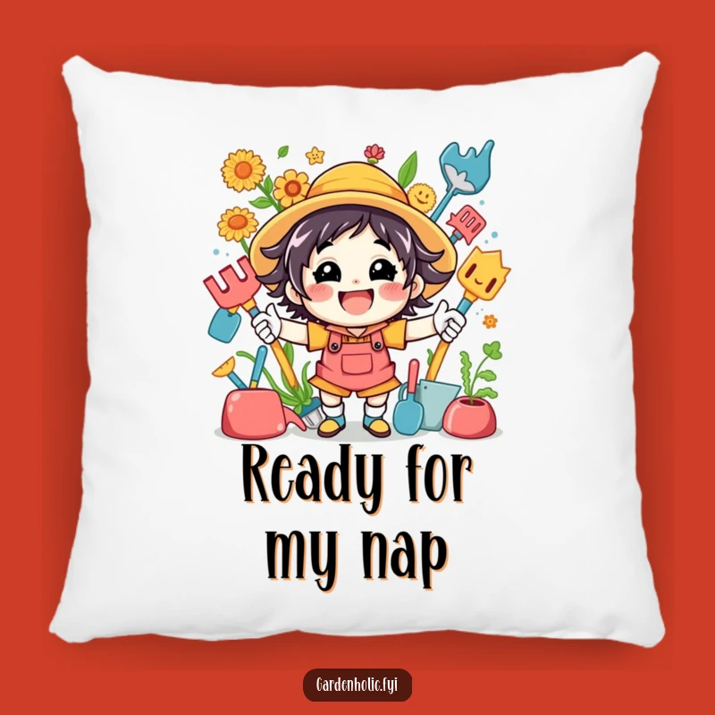 Funny Pillow: Energetic Gardener Character with Tools, Comfy Humorous Home Decor Gift