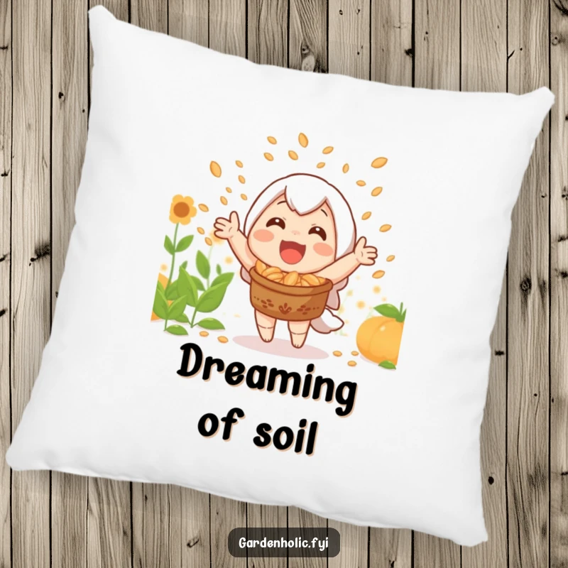 Funny pillow with a joyful character celebrating a bountiful harvest by showering seeds.