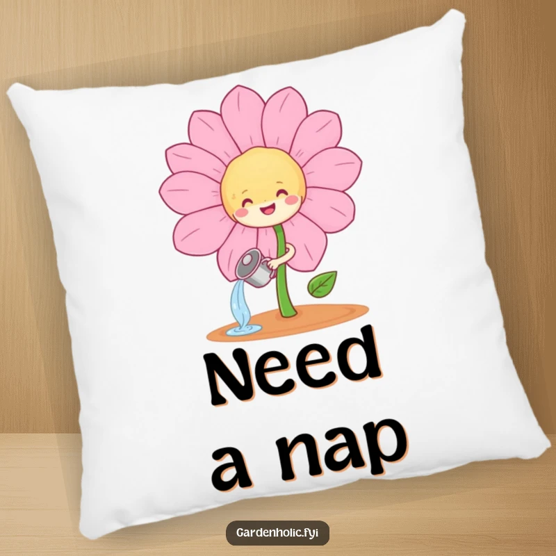 Funny sprout character watering a giant, smiling flower on a plush pillow, a cozy and funny home decor gift.