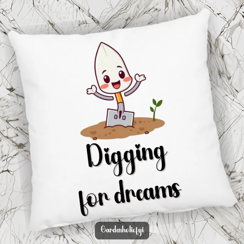 Funny playful trowel character flipping in soil on a plush pillow, a cozy and funny home decor gift.