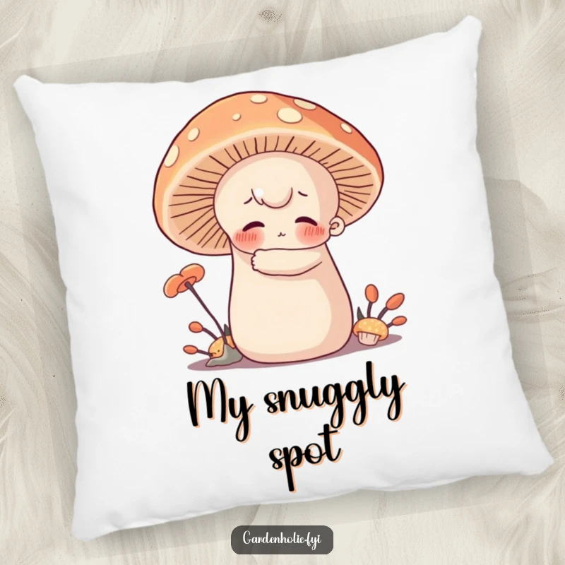 Funny Pillow: Character with rosy cheeks hugging a giant, soft mushroom, offering comfort with a humorous touch of forest affection.