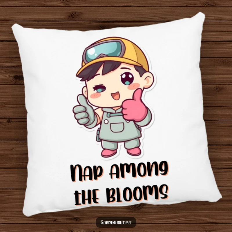 Funny pillow featuring a character wearing gardening gloves and giving a thumbs up, offering comfort and garden pride.