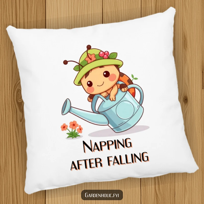 Funny pillow featuring a chubby ladybug in a gardening hat, tripping over a watering can. Cute and comfortable decor.