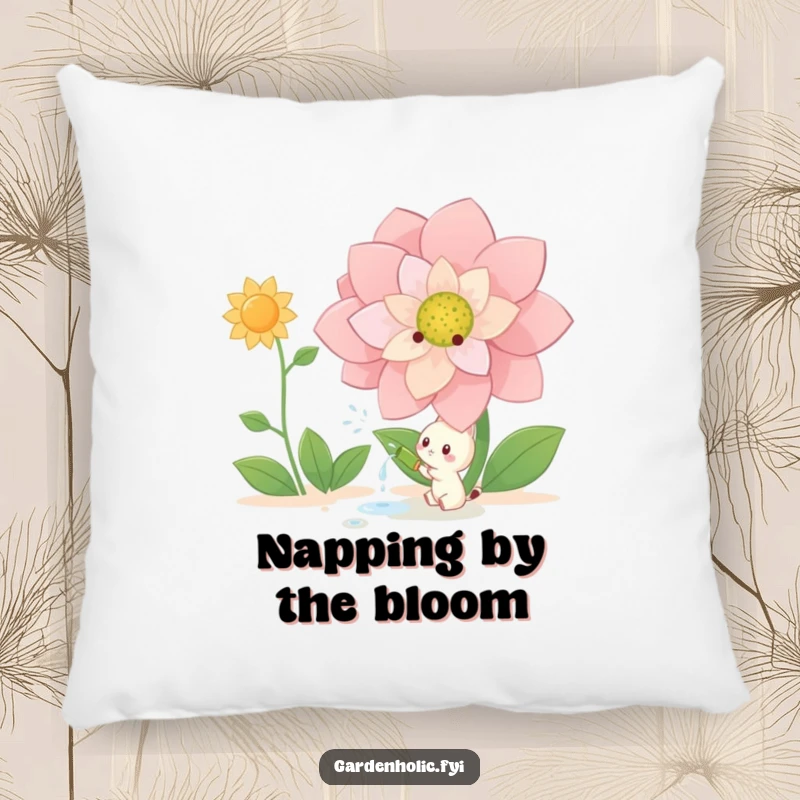 Funny Pillow: Small creature happily watering a giant blooming flower, offering cozy comfort and whimsical garden humor, a delightful funny gift.