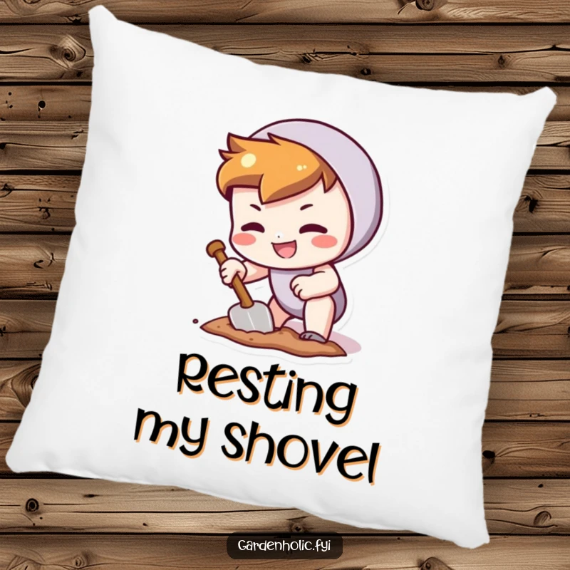 Funny pillow with a character grinning determinedly while digging a tiny hole with a trowel, perfect for cozy relaxation.