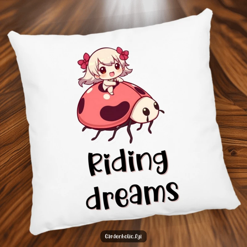Funny Pillow: A character is depicted happily riding on the back of a large ladybug, adding whimsical humor.
