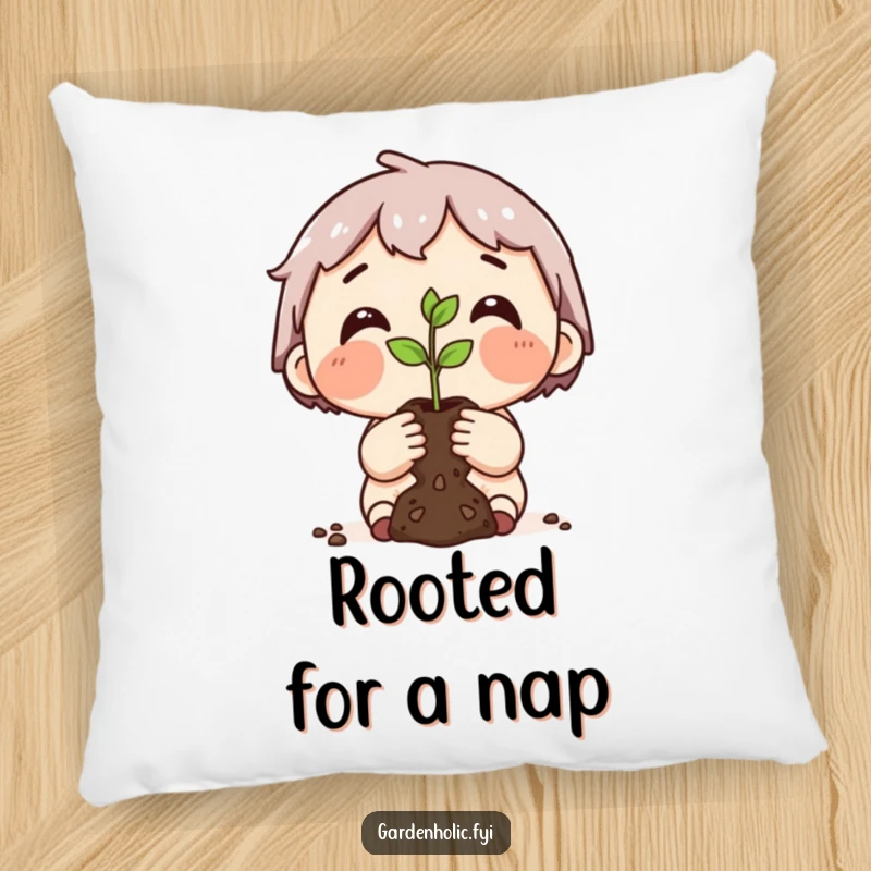 Funny pillow showcasing a dirt-smudged character proudly holding a tiny seedling, adding heartwarming garden humor to any room.