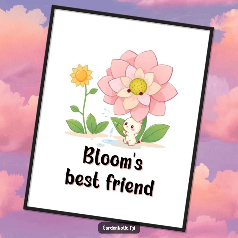 Funny Digital Art Print: Small creature joyfully watering a giant blooming flower, offering whimsical garden charm, a perfect funny gift.