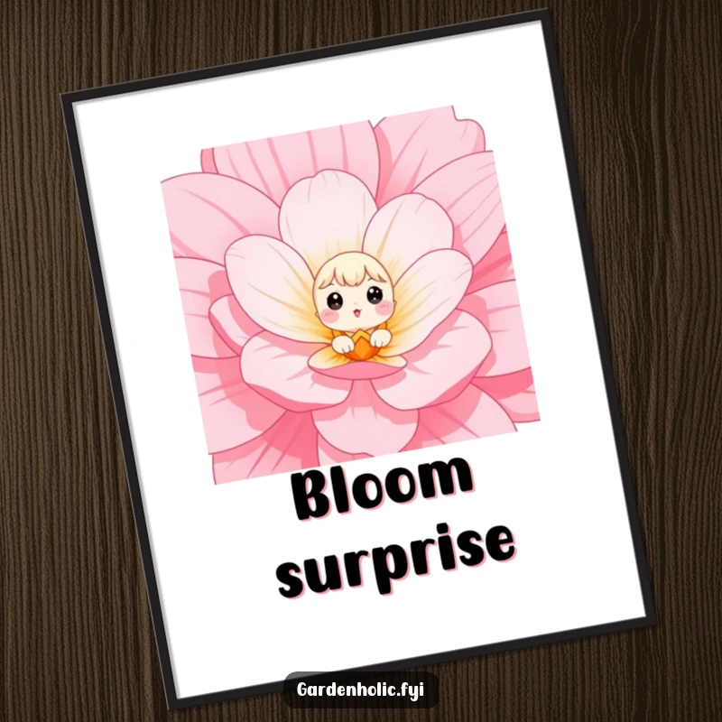 Funny Digital Art Print of a small character with wide eyes peeking out from a giant flower bloom, embodying adorable surprise.