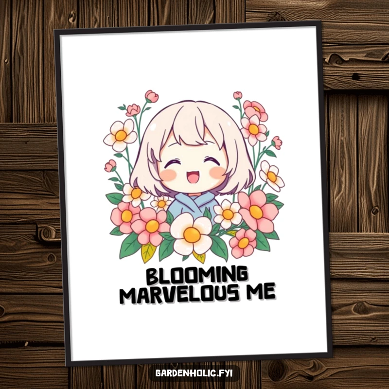 Funny digital art print of a character beaming happily surrounded by abundant blooming flowers, a vibrant celebration of nature.