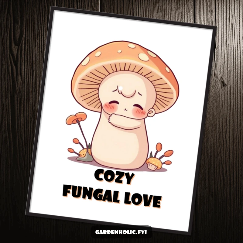 Funny Digital Art Print: Character with rosy cheeks hugging a giant, soft mushroom, offering instant humorous and cozy forest wall decor.