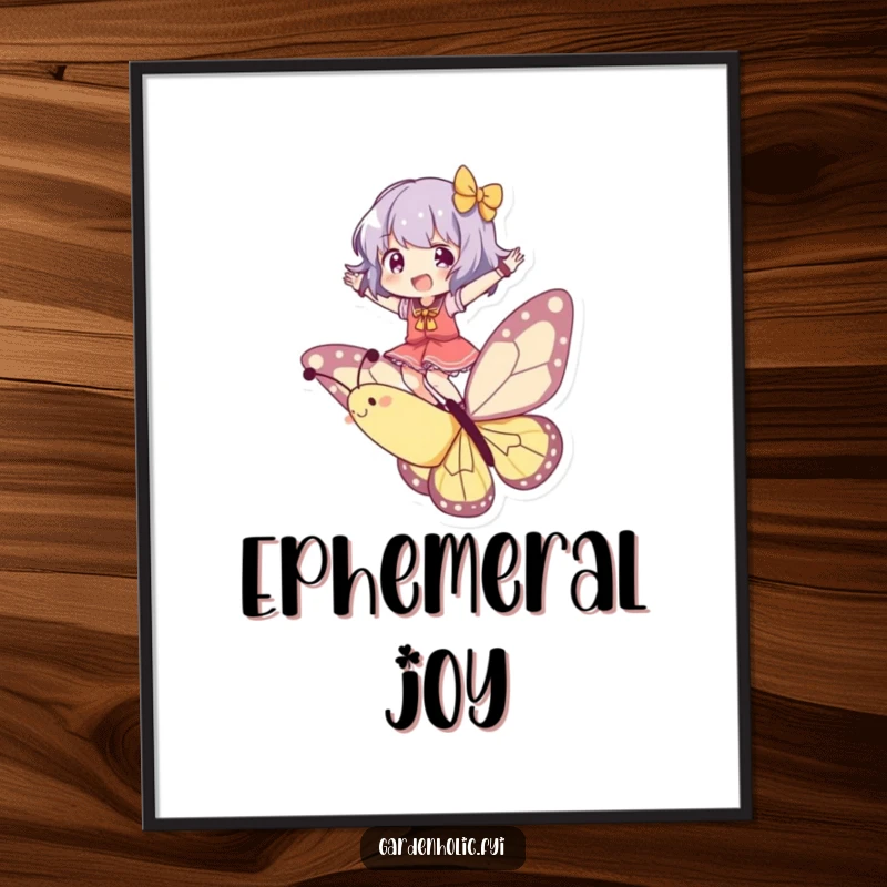 Funny Digital Art Print: Character joyfully balancing on a playful butterfly, offering instant humorous and whimsical wall decor.