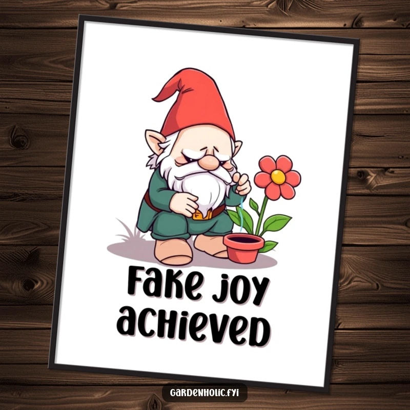 Funny digital art print: Grumpy garden gnome watering a plastic flower, a humorous and charming piece of wall art.