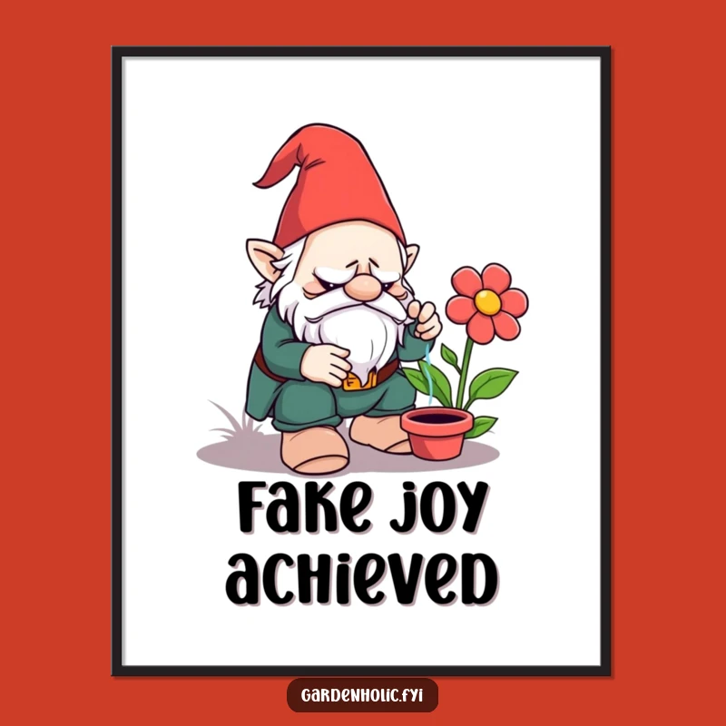 Funny Grumpy Gnome Digital Art Print: Hilarious Garden Decor Gift for Plastic Flower Admirers