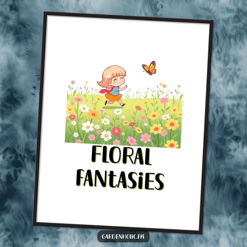 Funny digital art print of a character joyfully chasing a butterfly through a vibrant flower field, perfect for whimsical home decor.