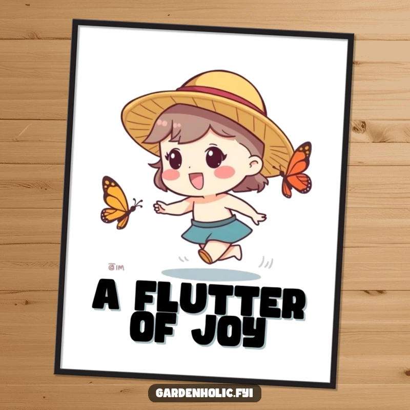 Funny digital art print of a character in a straw hat, excitedly chasing a butterfly, capturing playful motion.