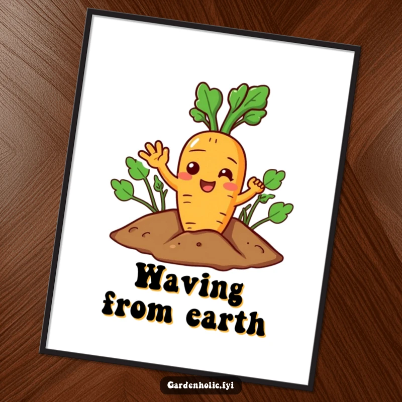 Funny Carrot Digital Art Print: A joyful character giving a cheerful wave from the soil, instant art.