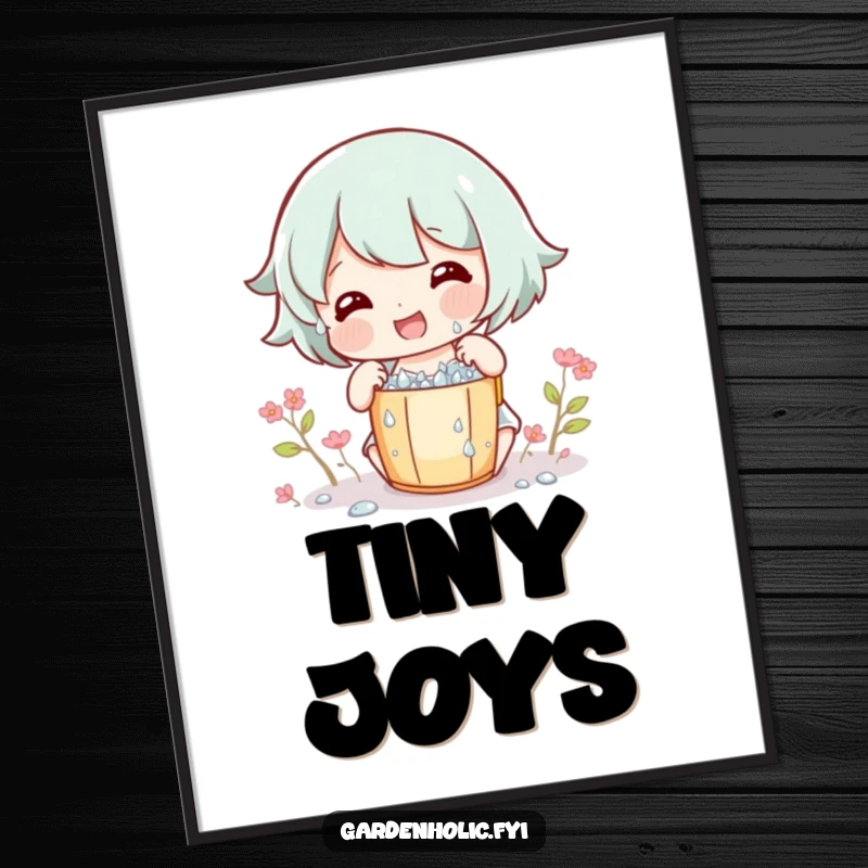 Funny Digital Art Print of a gleeful character collecting tiny dew drops in a miniature bucket, celebrating nature.