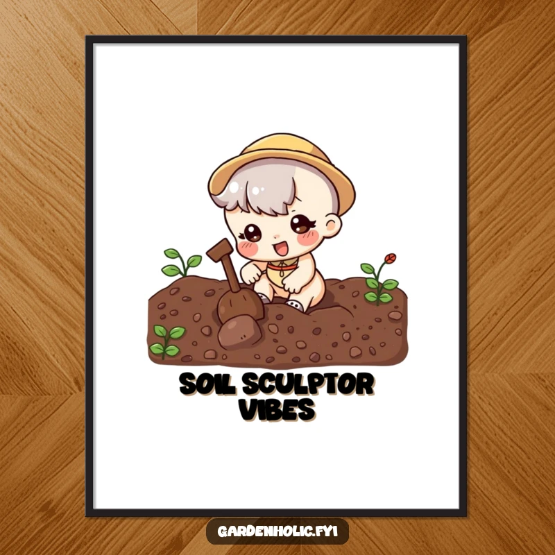 Funny Digital Art Print: Cute character digging enthusiastically in soil, offering a humorous and charming piece for garden lovers, a perfect funny gift.