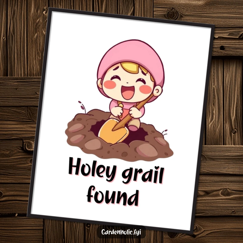 Funny digital art print of an excited character joyfully digging a hole with a tiny shovel, conveying pure enthusiasm.