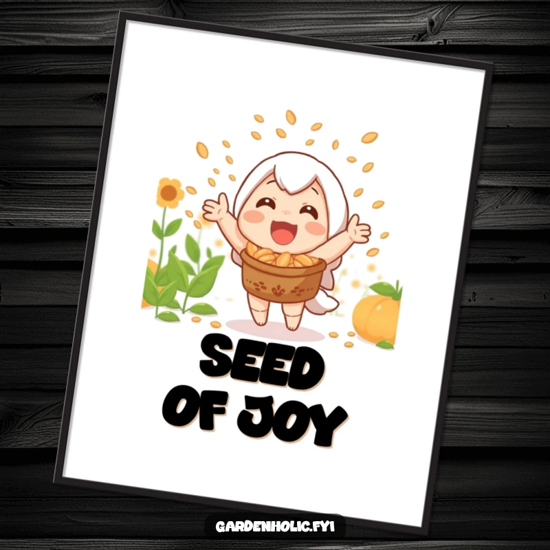 Funny digital art print of a joyful character celebrating a bountiful harvest with a shower of seeds.