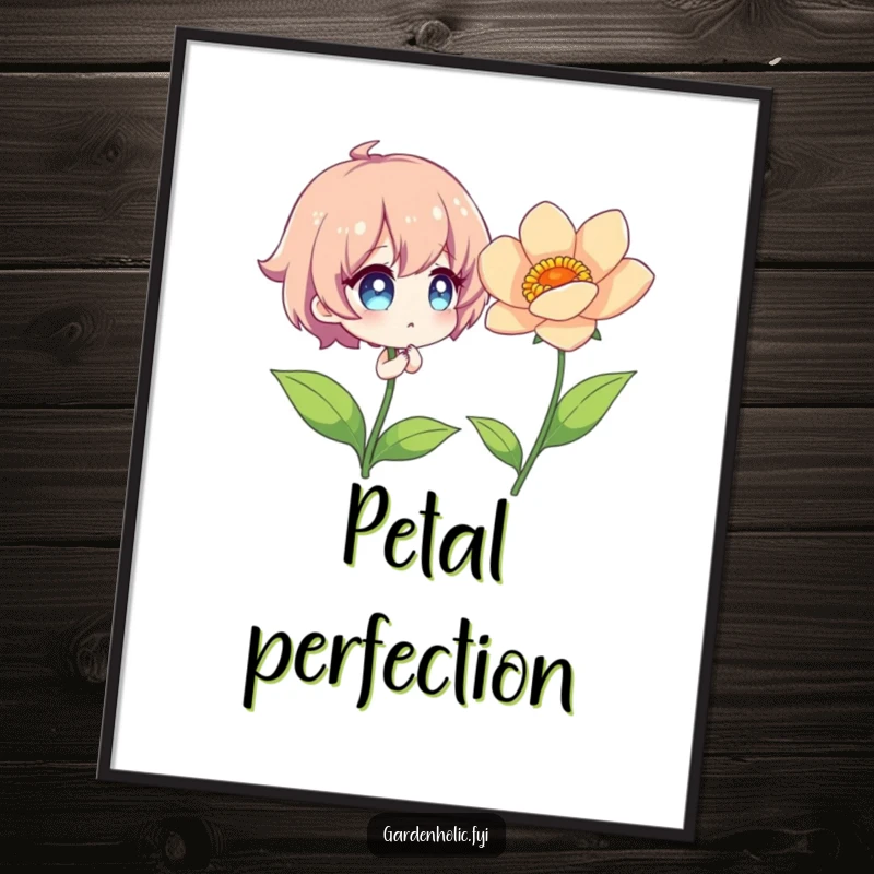 Funny Digital Art Print of a character with sparkling eyes, admiring a vibrant, perfectly bloomed flower.