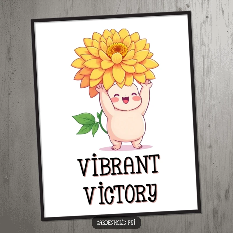 Funny digital art print of a chubby character triumphantly holding a giant, vibrant flower, celebrating a successful bloom.