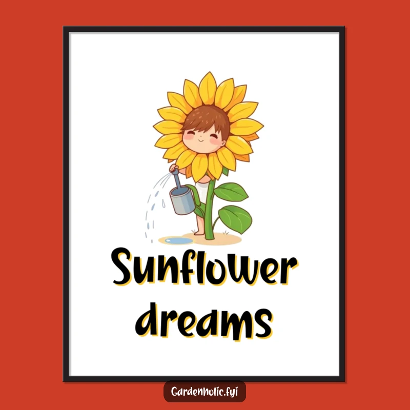 Funny Gardener Art Print: Giant Sunflower Scene, Instant Download Plant Gift