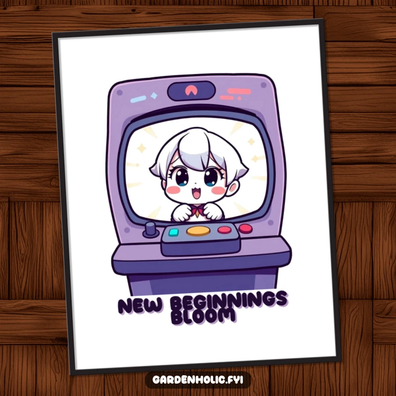 Funny digital art print: Charming character with surprised and delighted expression at a tiny, sprouting seedling.