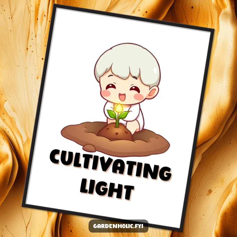 Funny Digital Art Print: Character excitedly planting a tiny, glowing seed, offering instant humorous and magical wall decor.