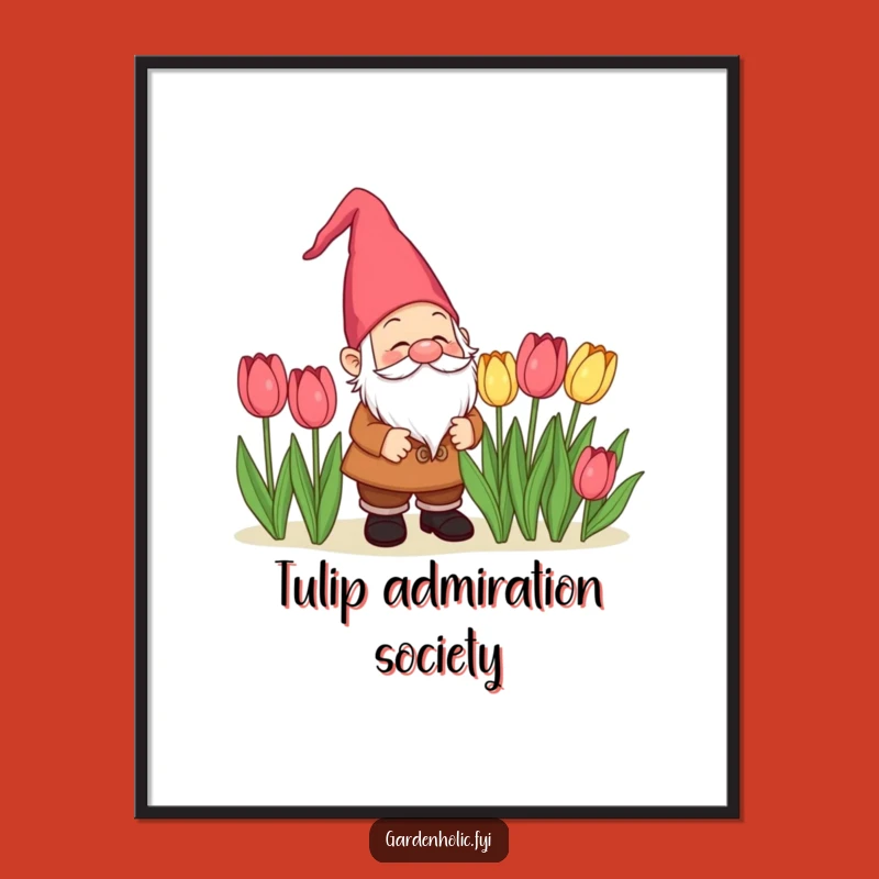 Funny Gnome Admiring Tulips Digital Art: Instant Garden Magic, Perfect Gift