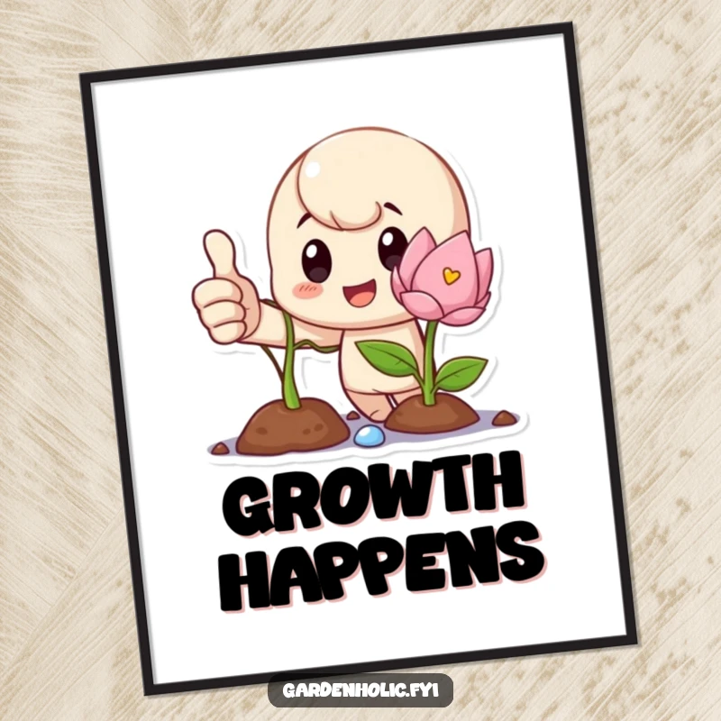 Funny Digital Art Print of a proud character giving a thumbs up next to a blooming sprout, symbolizing growth.