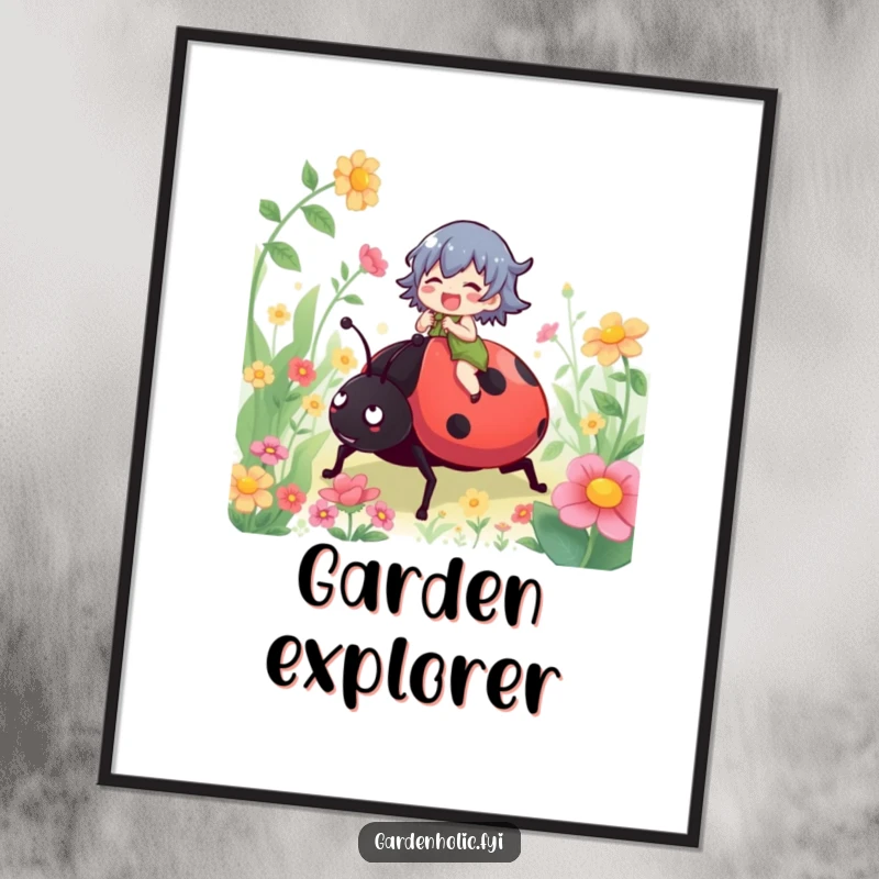 Funny digital art print of a gleeful character riding a giant ladybug through a whimsical garden, ready to brighten any room.