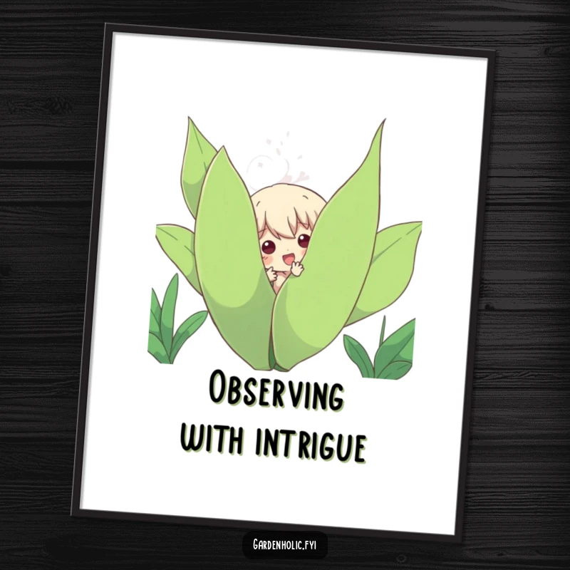 Funny Digital Art Print: Character playfully peeking out from behind a large, leafy plant, offering instant humorous and botanical wall decor.