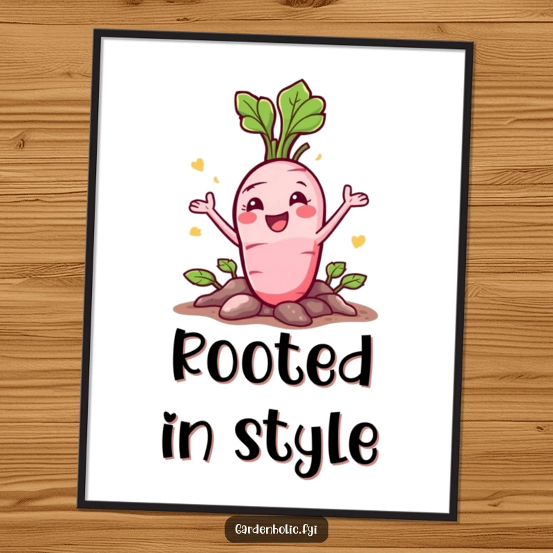 Funny Radish Digital Art Print: A happy character bursting from the ground with a flourish, instant art.