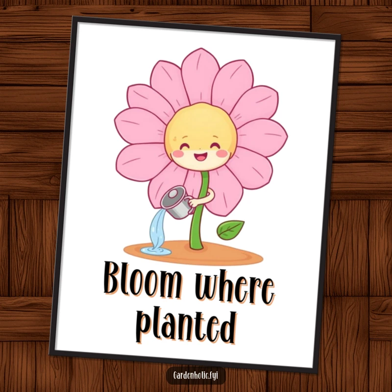 Funny sprout character joyfully watering a huge, smiling flower as digital art, a funny printable garden gift.