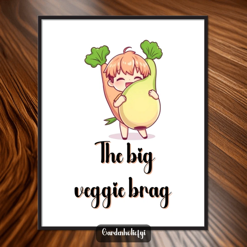 Funny Digital Art Print: Character gleefully holding a plump, oversized vegetable, offering humorous garden celebration, a perfect funny gift.