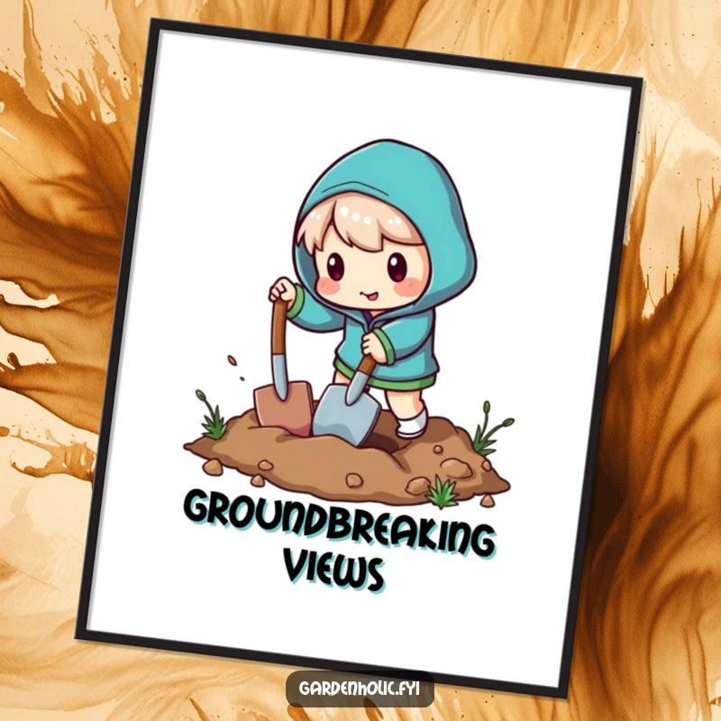 Funny digital art print of a character energetically digging a hole with a miniature shovel, capturing humorous action.