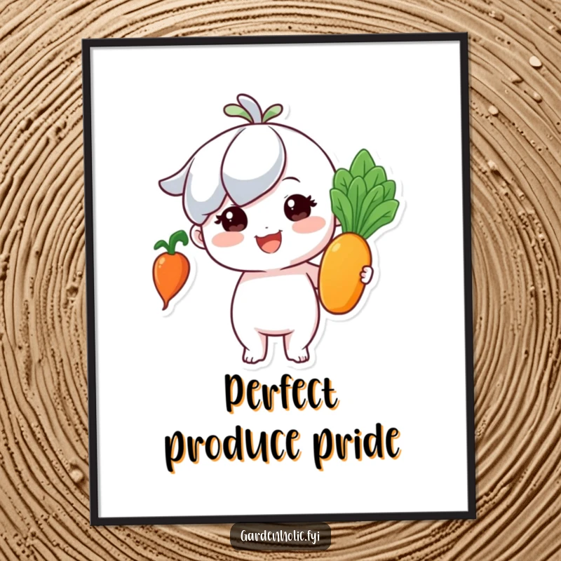 Funny digital art print: Tiny character beaming with immense pride, holding a perfect, shiny vegetable.