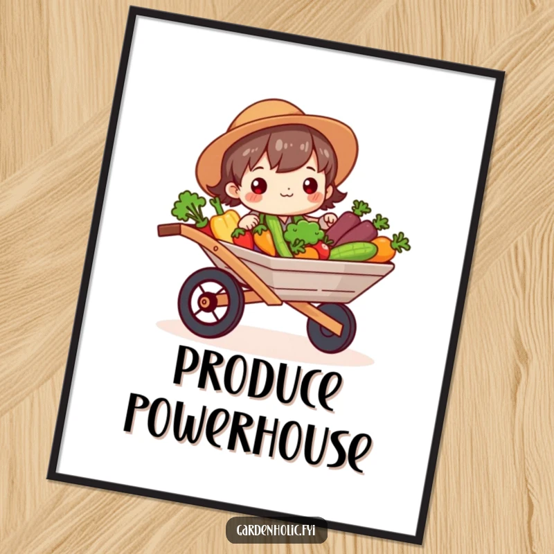 Funny Digital Art Print: Character beaming, holding a wheelbarrow full of bright vegetables, cheerful garden art for walls, a funny gift.