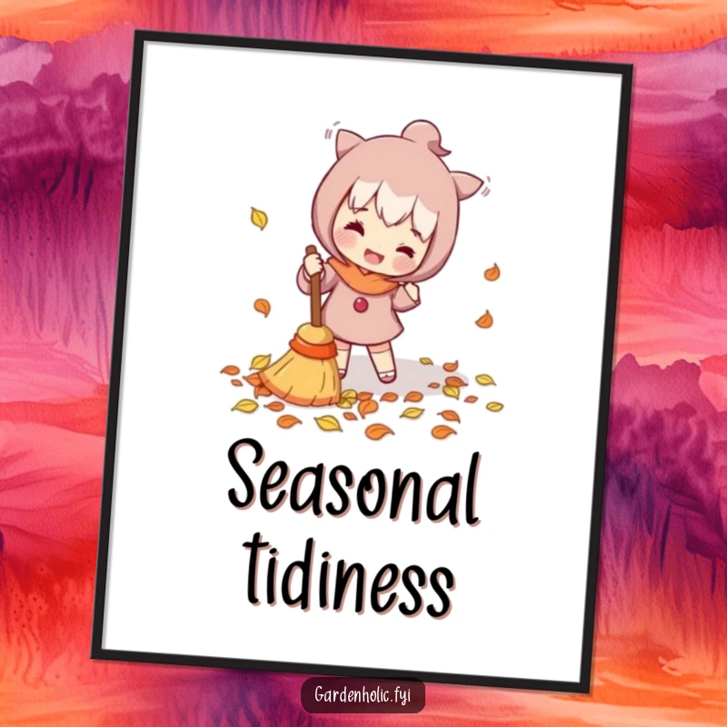 Funny Digital Art Print: Character enthusiastically sweeping fallen leaves with a tiny broom, offering instant humorous and energetic wall decor.