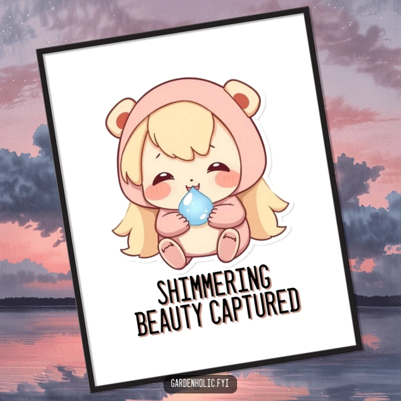 Funny digital art print of a happy character carefully cradling a tiny, shimmering dewdrop, capturing gentle wonder.