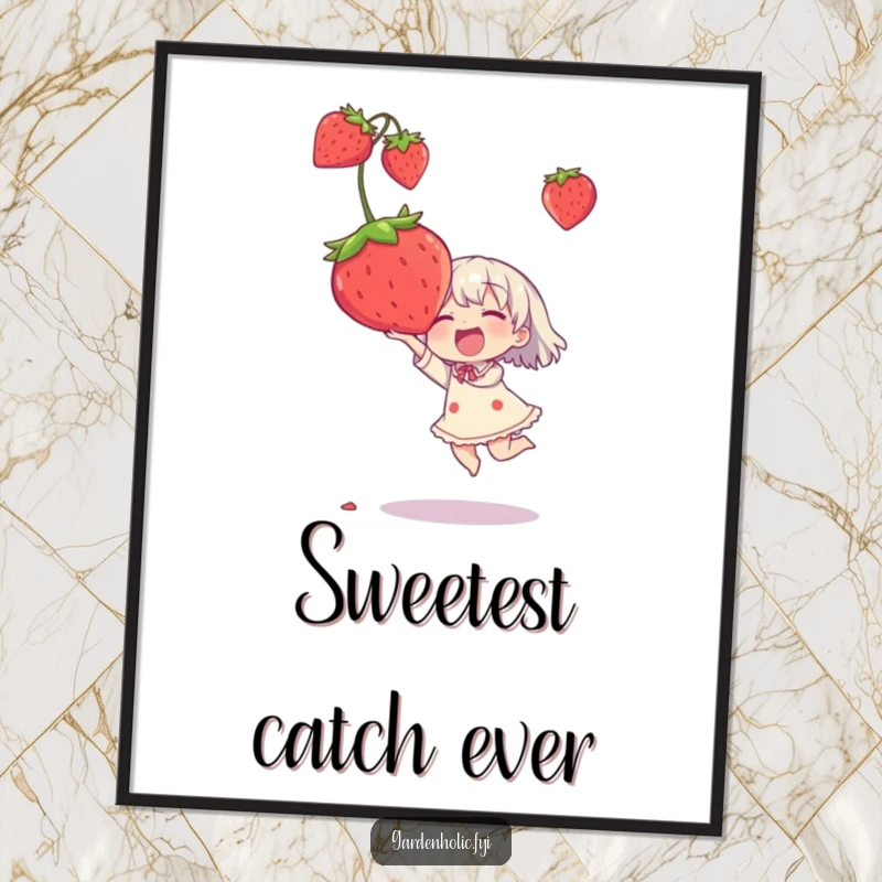 Funny digital art print of a character joyfully catching a comically oversized strawberry, capturing pure delight.