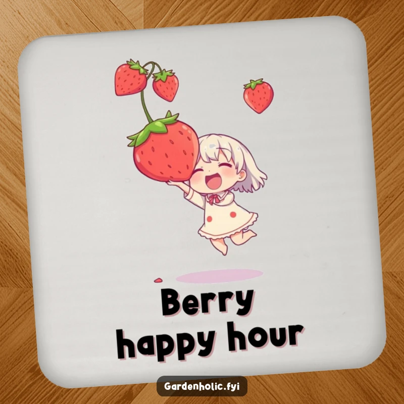 Funny drink coaster featuring a character joyfully catching an oversized strawberry, offering protective humor.
