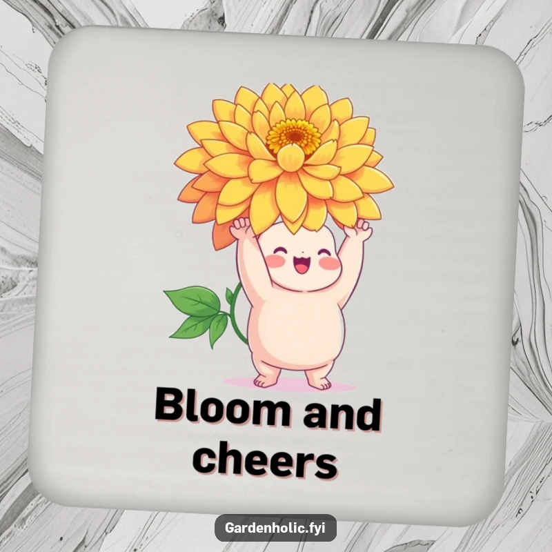 Funny drink coaster featuring a chubby character triumphantly holding a giant, vibrant flower, protecting surfaces with humor.