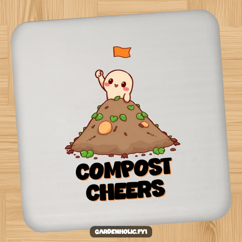 Funny Coasters: A character waves a tiny flag from a compost pile, offering functional charm and humorous gardening pride.