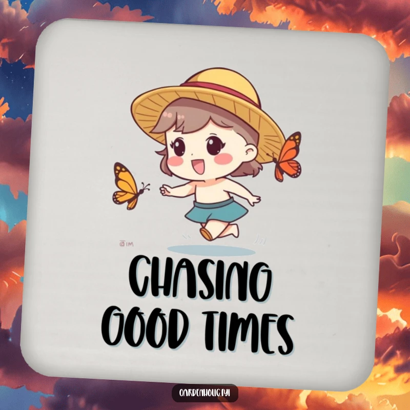 Funny drink coaster featuring a character in a straw hat excitedly chasing a butterfly, offering protective humor.