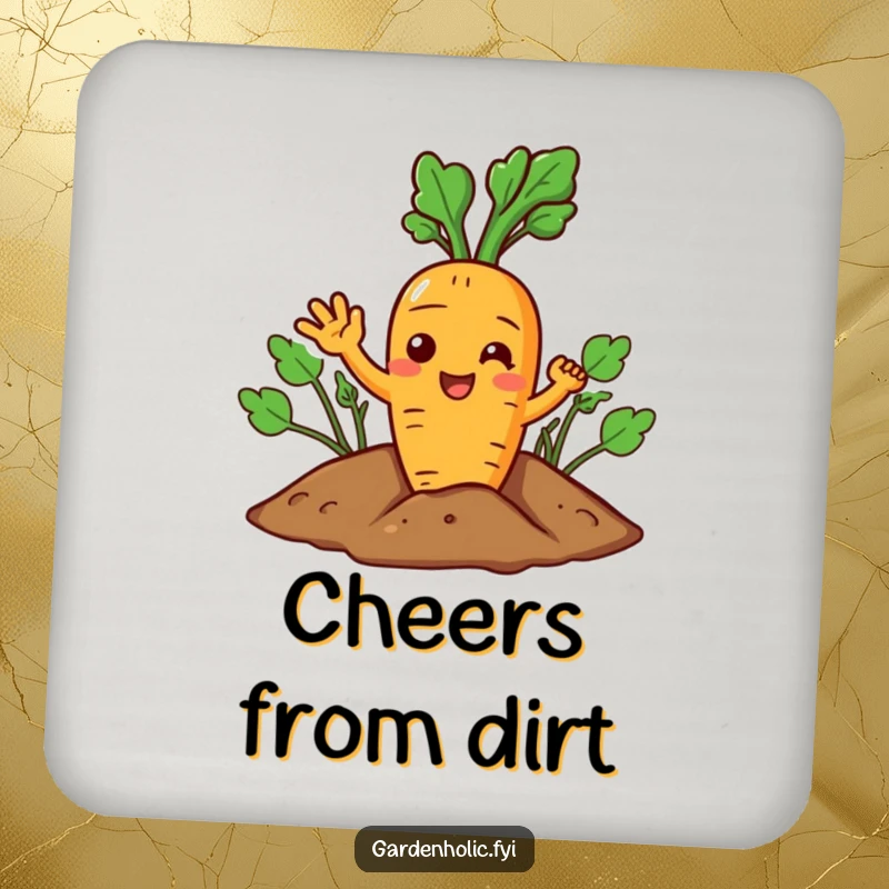Funny Carrot Coasters: A joyful character giving a cheerful wave from the soil, for surface protection.