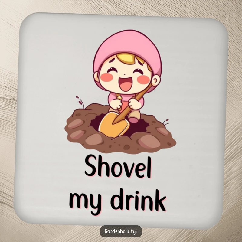 Funny drink coaster set featuring an excited character digging with a tiny shovel, protecting surfaces with playful humor.